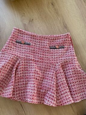 Maje Pink Tweed Flared Mini Skirt with Contrast Trim
